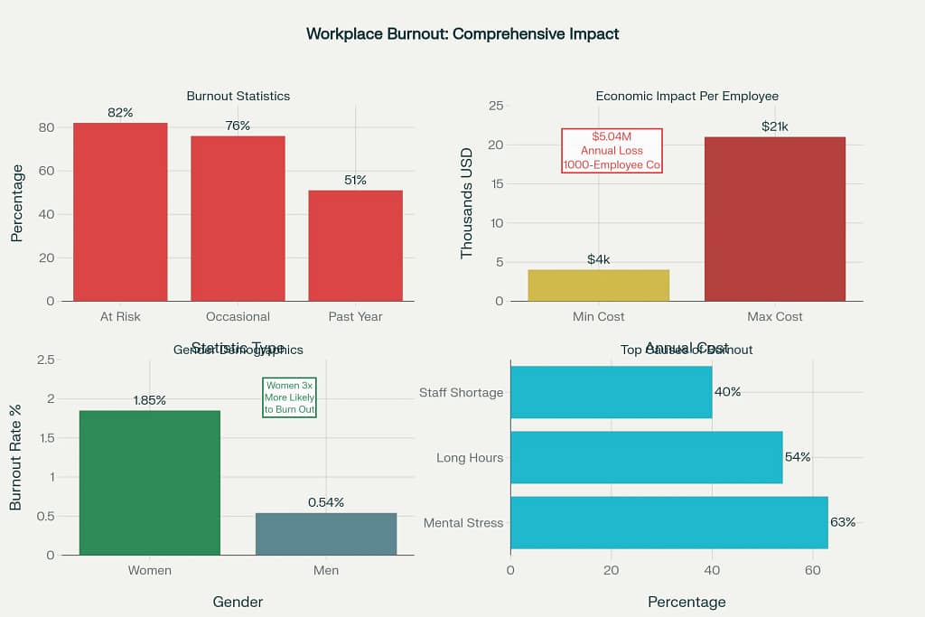 Key workplace burnout statistics showing prevalence, economic impact, demographics, and primary causes based on recent research studies